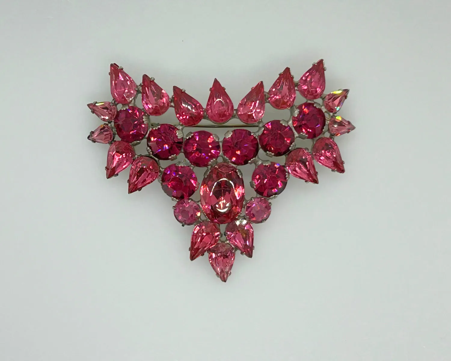 Fantastic Hot Pink and Red Heart Vintage Rhinestone Brooch