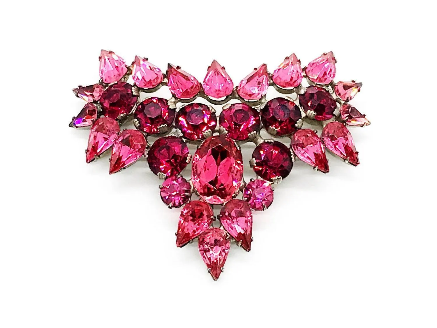 Fantastic Hot Pink and Red Heart Vintage Rhinestone Brooch