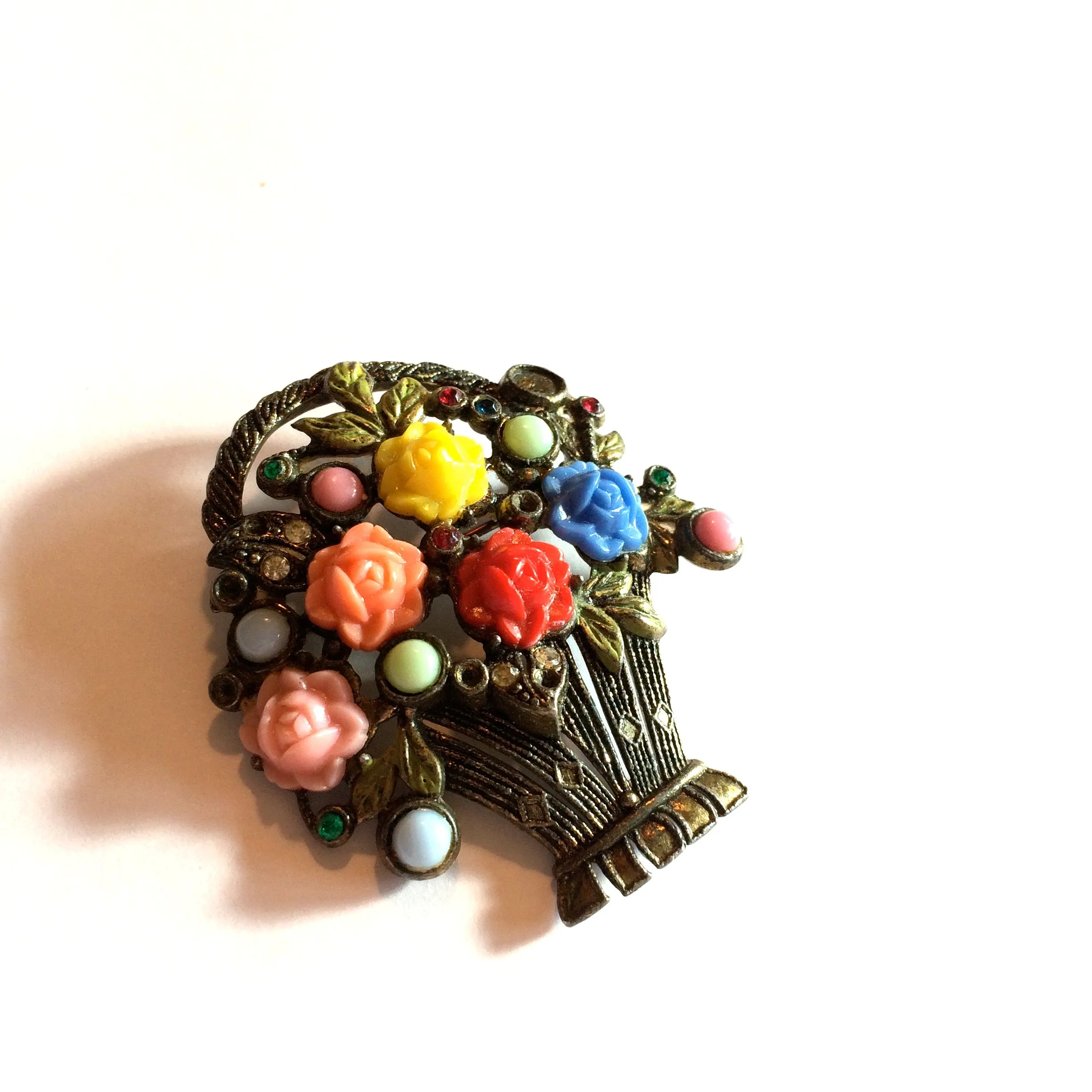 Festive Flower Basket Pot Metal Brooch w/ Rhinestones circa 1930s