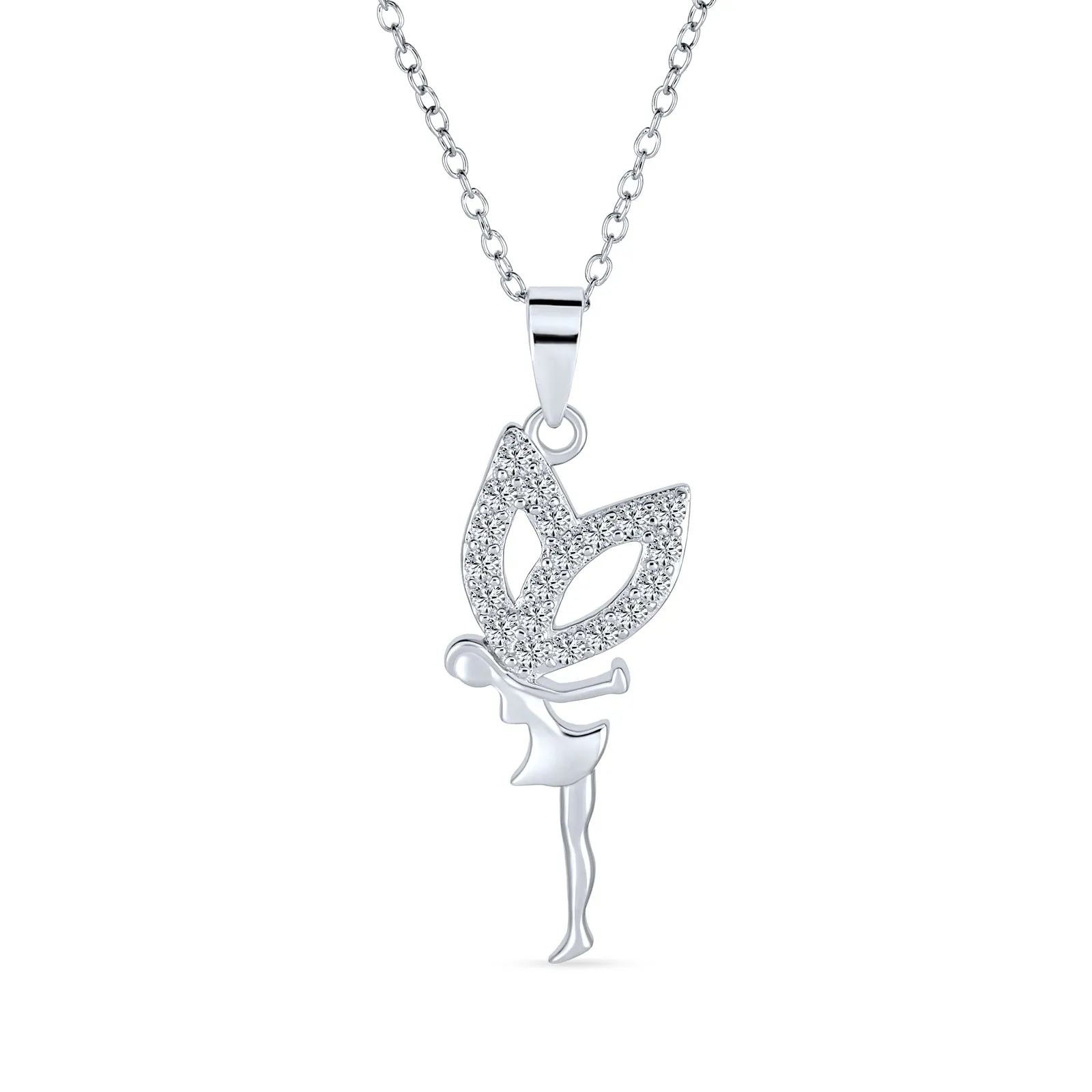 Firefly CZ Accent Fairy Tinkerbell Pendant Necklace in Sterling Silver