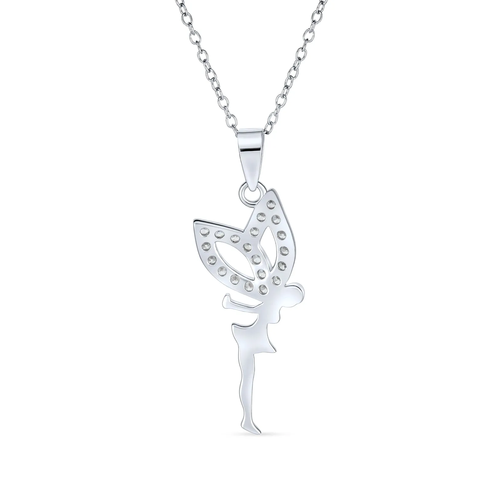 Firefly CZ Accent Fairy Tinkerbell Pendant Necklace in Sterling Silver