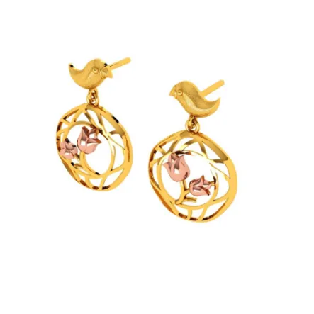 Gold Earrings With A Cute Bird And Floral Design