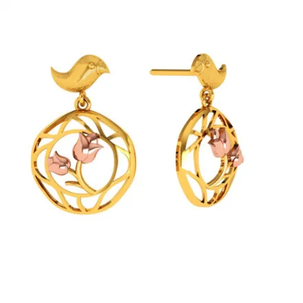 Gold Earrings With A Cute Bird And Floral Design