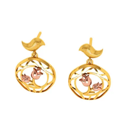 Gold Earrings With A Cute Bird And Floral Design