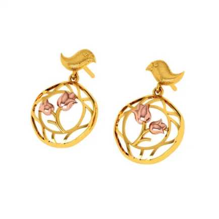 Gold Earrings With A Cute Bird And Floral Design