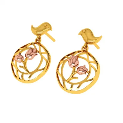 Gold Earrings With A Cute Bird And Floral Design