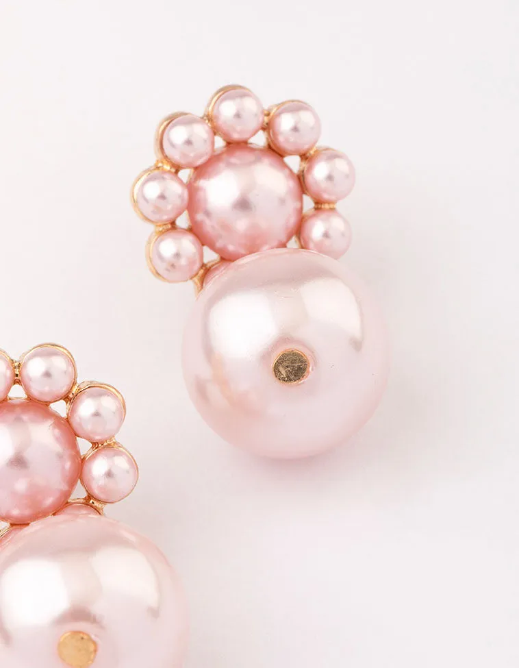 Gold Pink Flower & Pearl Drop Earrings