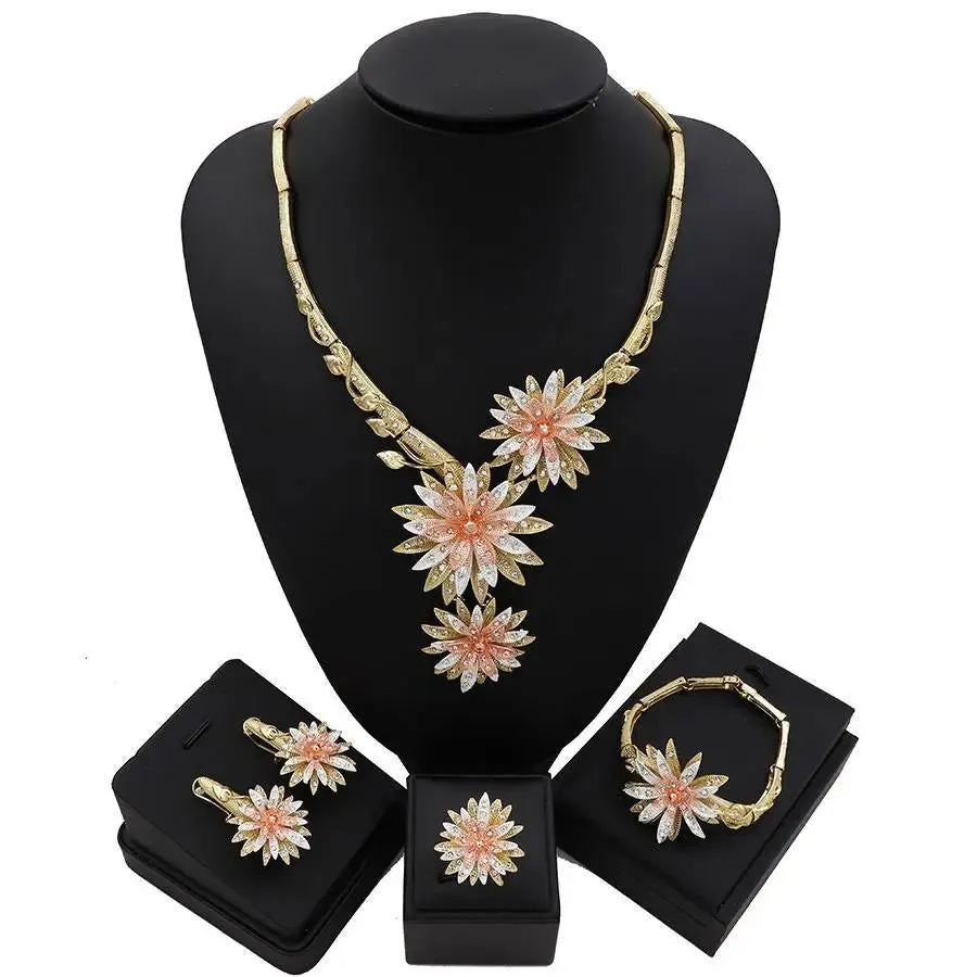 Gold Silver Mixed Colour Design 4 Pieces 3 Tones Mix Cubic Zirconia Celebrant Party Necklace Jewelry Set