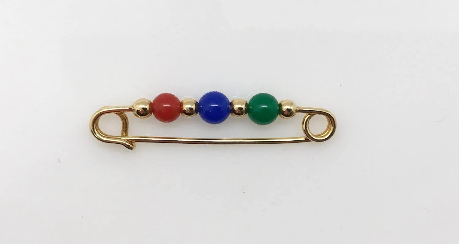 Gold Tone Safety Pin Brooch with Colorful Beads