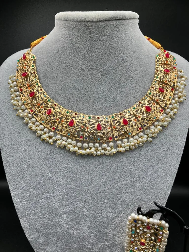 Golden base Hyderabadi earrings with modern choker