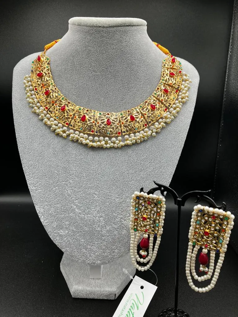 Golden base Hyderabadi earrings with modern choker