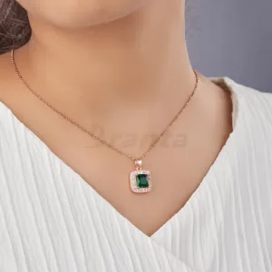 Green Square Crystal Pendant Rose Gold Necklace For Women