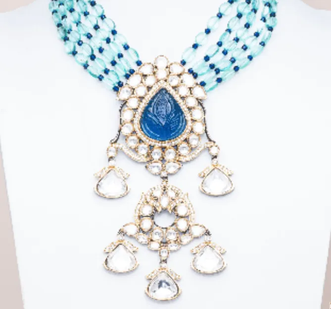 Hadia Blue Ombré Luxury Mala & Earring Set By Jaipur Rose Luxury Indian Jewelry Online