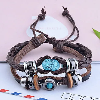 Handmade Vintage Multi Strand Blue Amber Bead Charm Leather Wrap Bracelet