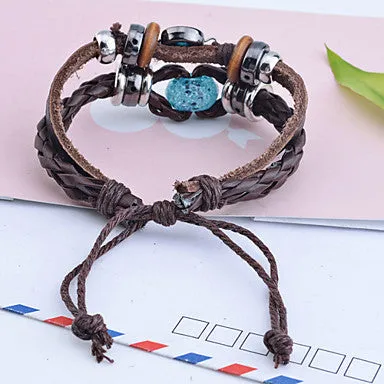 Handmade Vintage Multi Strand Blue Amber Bead Charm Leather Wrap Bracelet