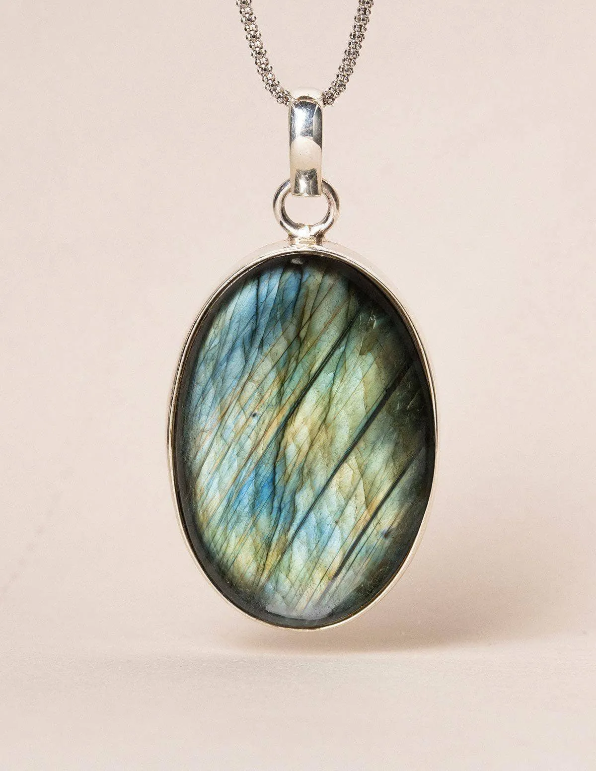 Labradorite Oval Pendant Necklace - 30 inch Silver Rhodium Chain