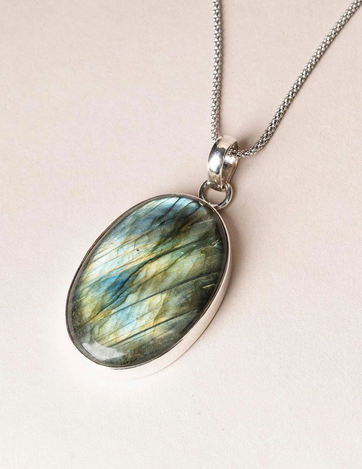 Labradorite Oval Pendant Necklace - 30 inch Silver Rhodium Chain