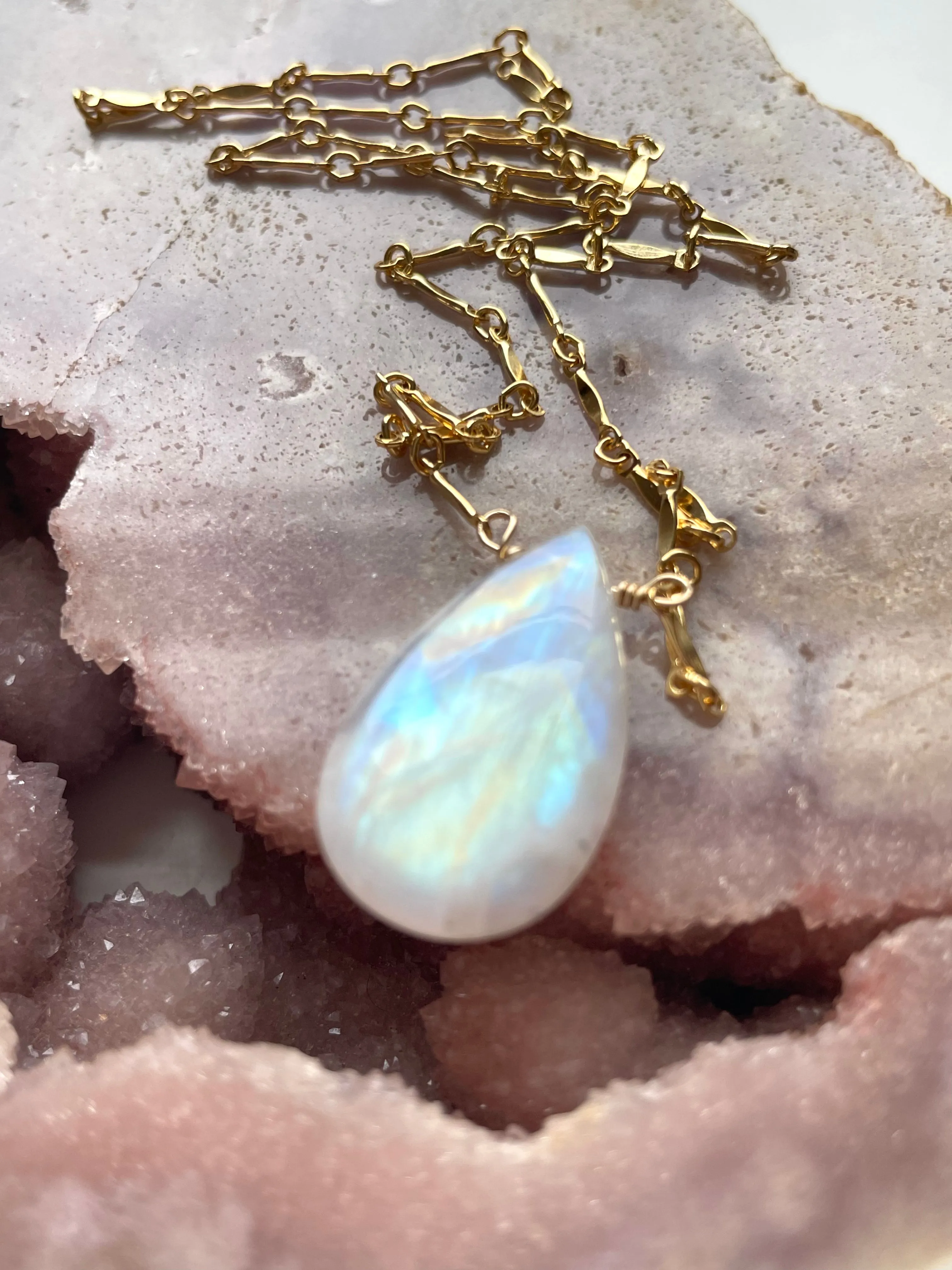 Large statement rainbow moonstone necklace 14kt gold filled