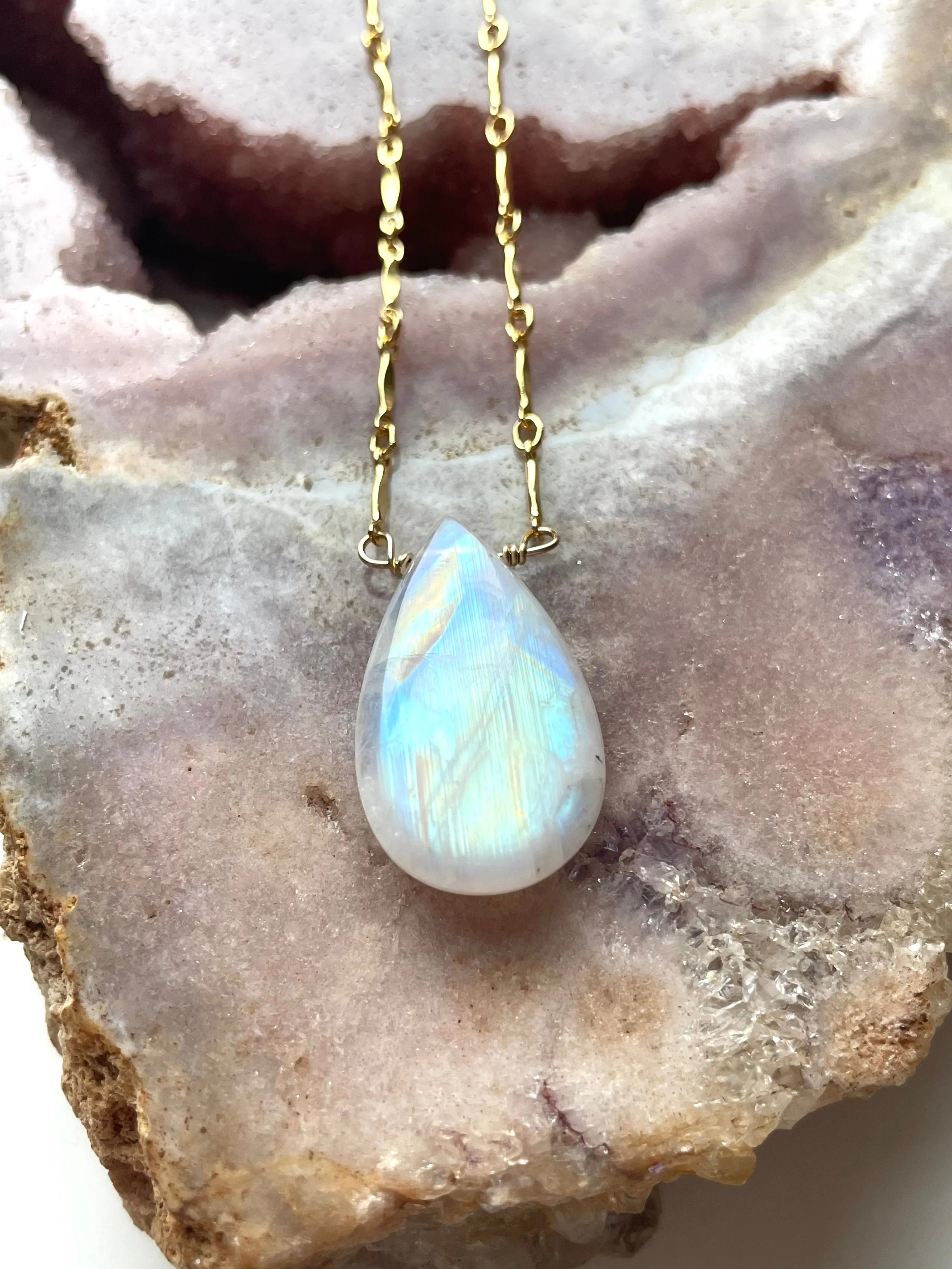 Large statement rainbow moonstone necklace 14kt gold filled