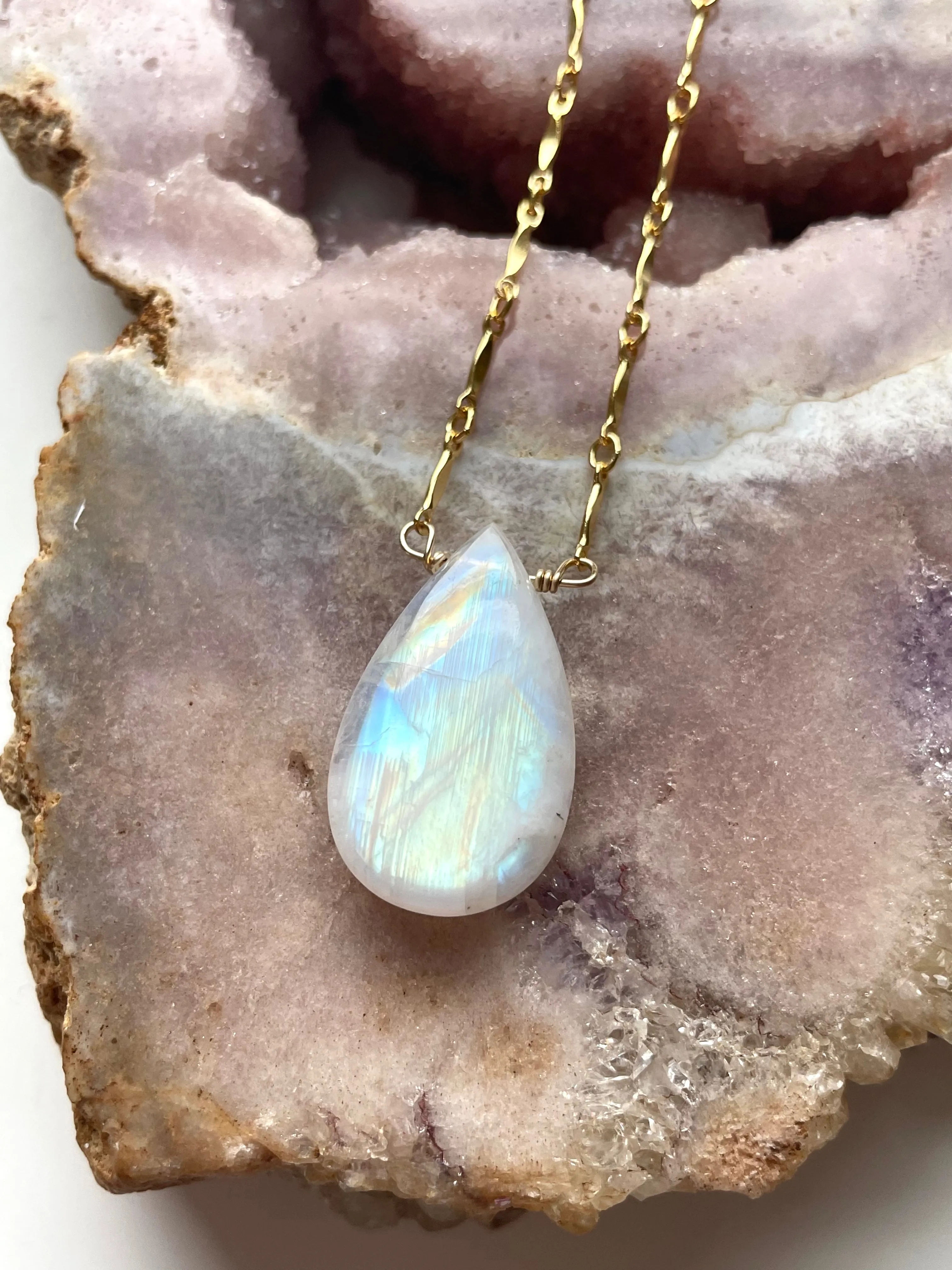 Large statement rainbow moonstone necklace 14kt gold filled