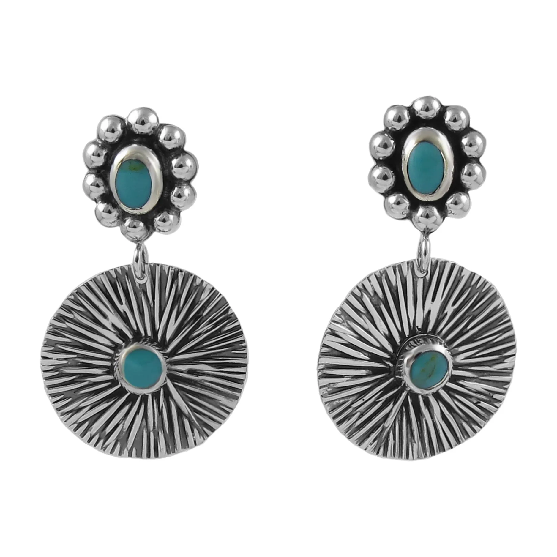 Long 925 Silver and Turquoise Dangling Disc Earrings