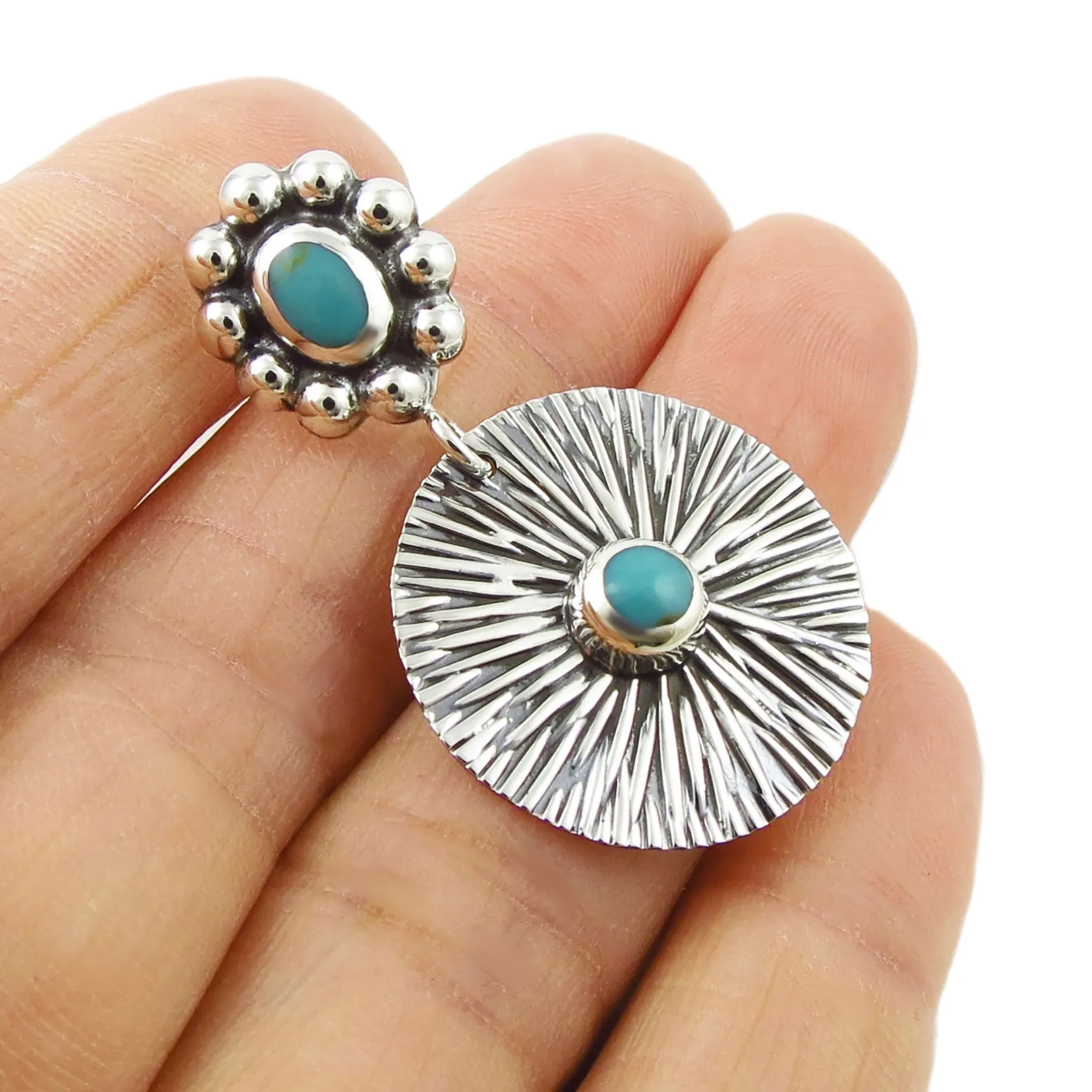 Long 925 Silver and Turquoise Dangling Disc Earrings