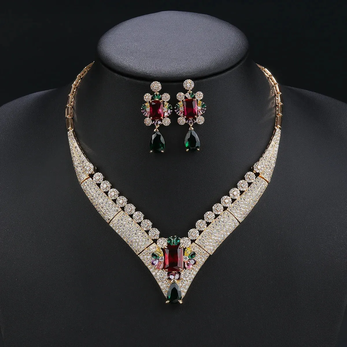 Luxury 2Pcs White ,Red, Green Necklace Earrings Set Cubic Zircon Women Wedding Party Jewelry Set CN11227