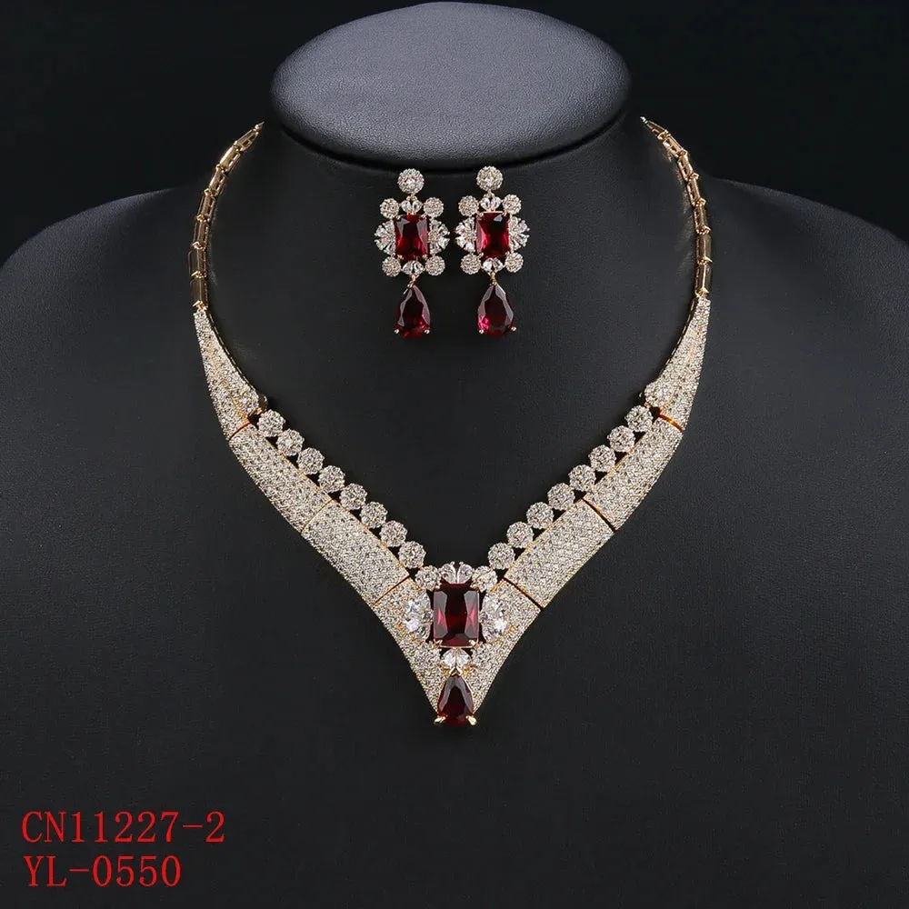 Luxury 2Pcs White ,Red, Green Necklace Earrings Set Cubic Zircon Women Wedding Party Jewelry Set CN11227