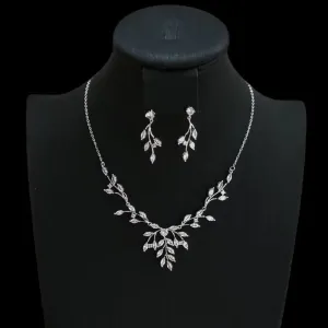 Luxury Leaf Statement Necklace | Crystal Jewelry Necklace and Earrings - Silver