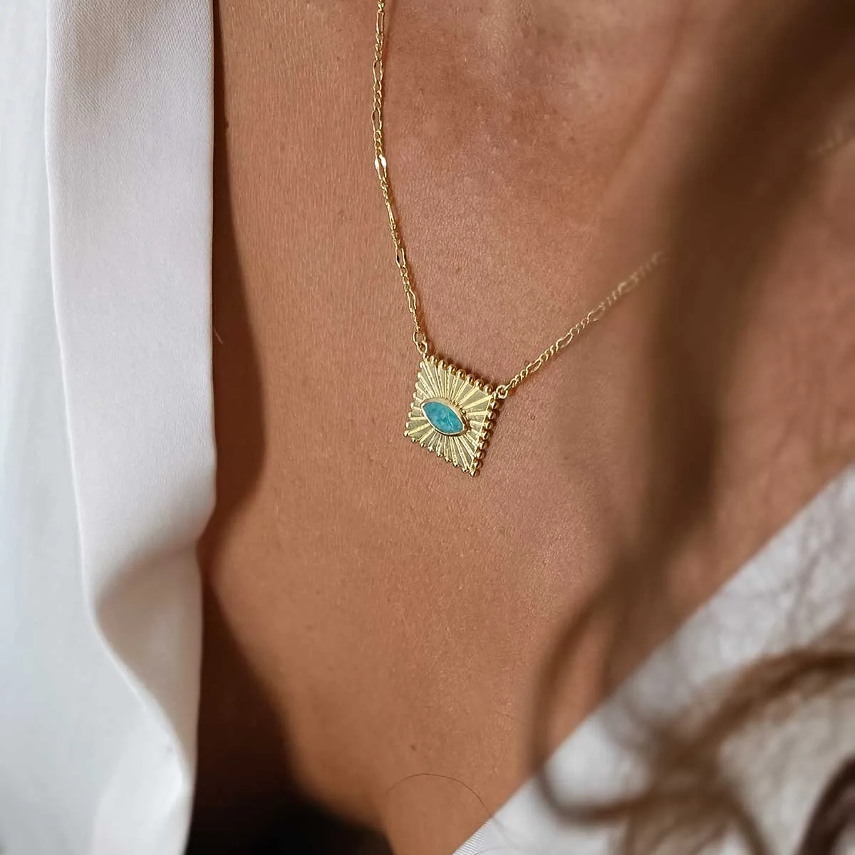 Mati Ridged Square Pendant Necklace with Set Marquis Gemston: Amazonite