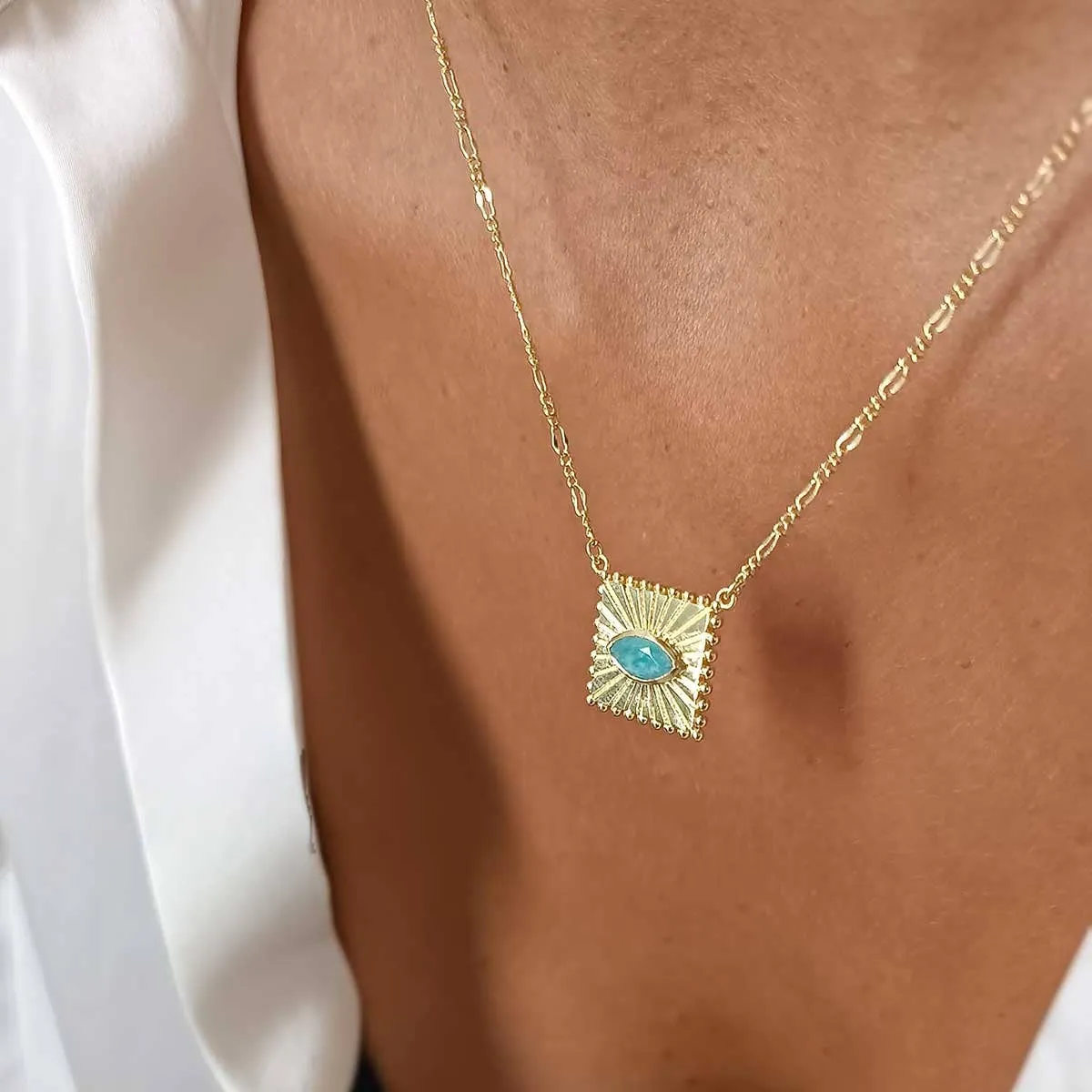 Mati Ridged Square Pendant Necklace with Set Marquis Gemston: Amazonite