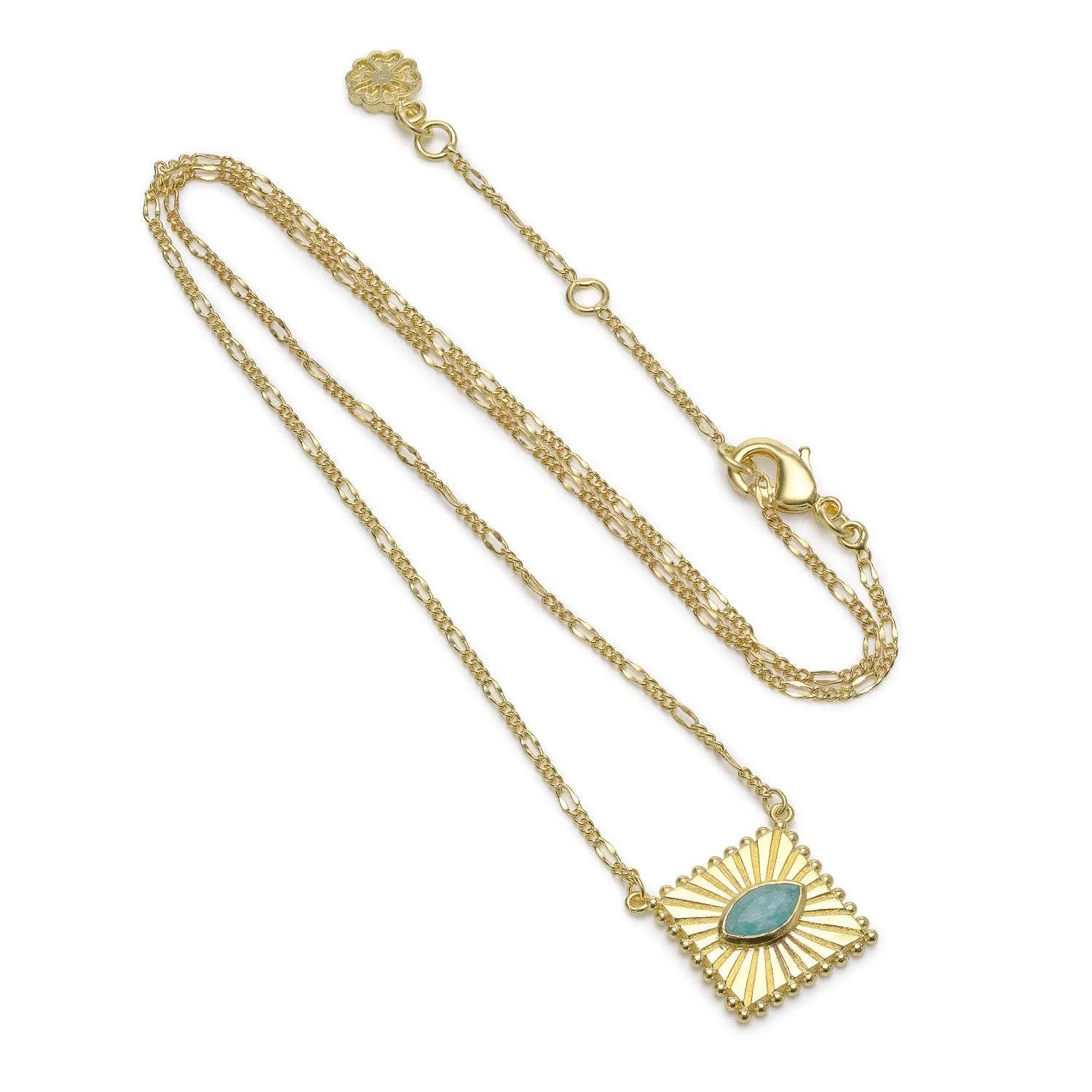 Mati Ridged Square Pendant Necklace with Set Marquis Gemston: Amazonite