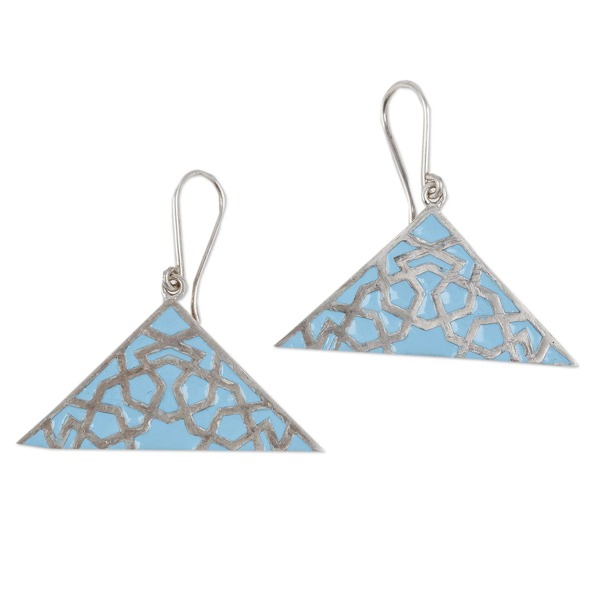 Modern Hand-Painted Sterling Silver Triangle Dangle Earrings - Modern Triangle | NOVICA