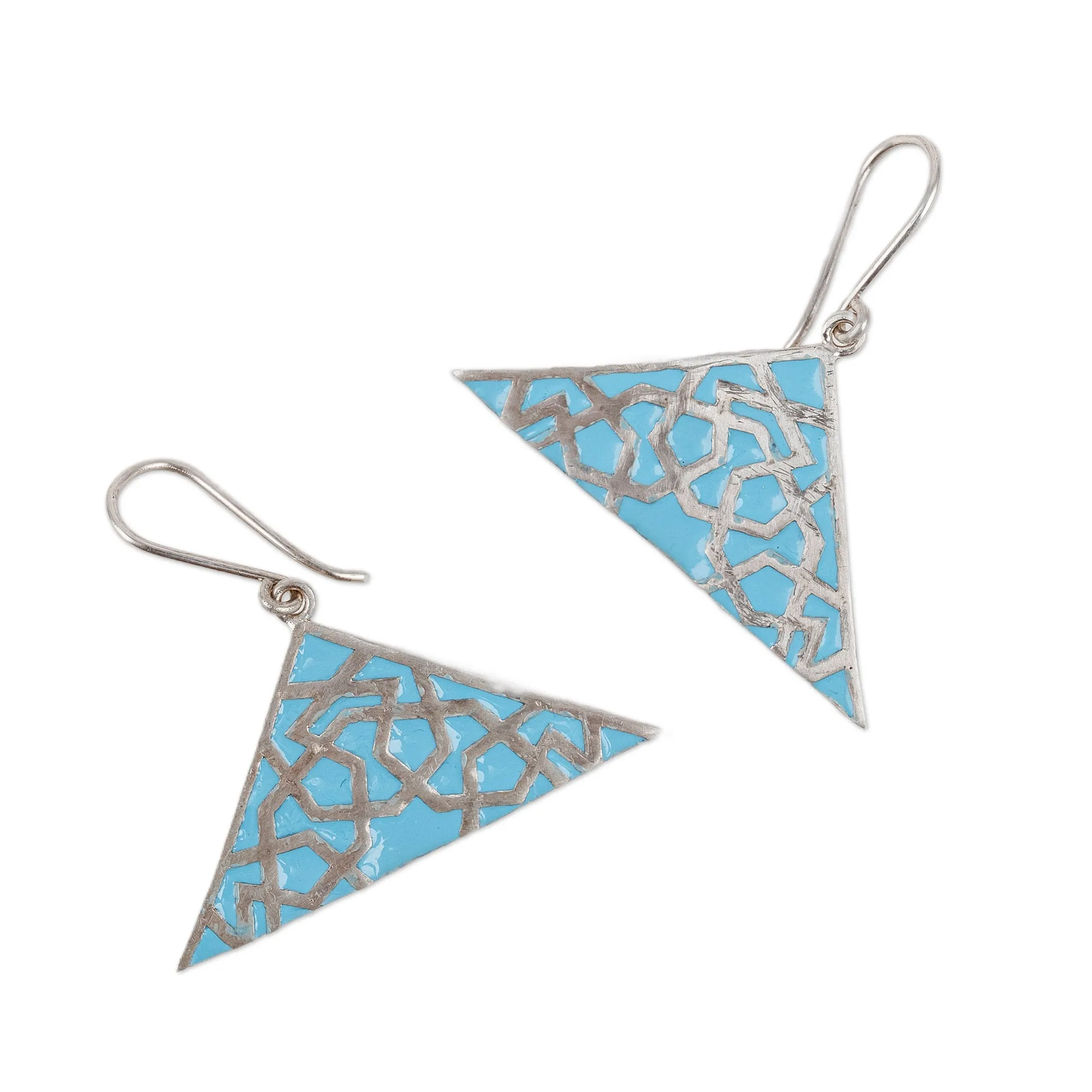 Modern Hand-Painted Sterling Silver Triangle Dangle Earrings - Modern Triangle | NOVICA