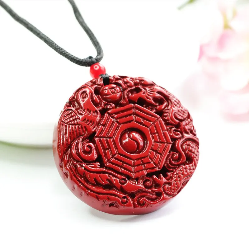 Mystical Cinnabar Pendant with Dragon and Phoenix Design