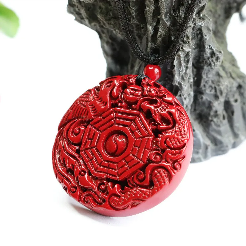 Mystical Cinnabar Pendant with Dragon and Phoenix Design