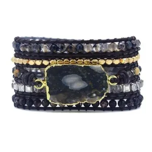 Natural Black Ocean Agate Beaded Wrap Bracelet by Free Spirit