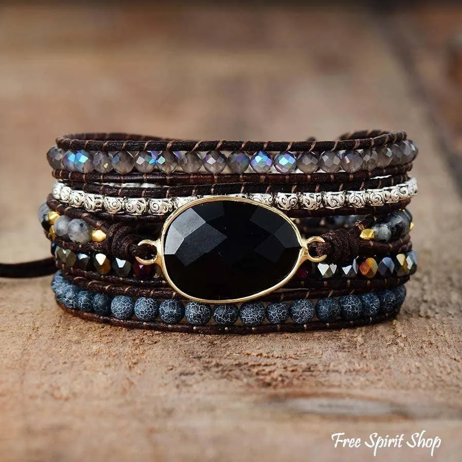 Natural Black Onyx Beaded Wrap Bracelet by Free Spirit