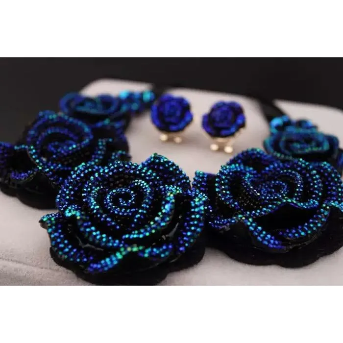 Nikko Blue Rose Statement Choker Necklace with Earrings