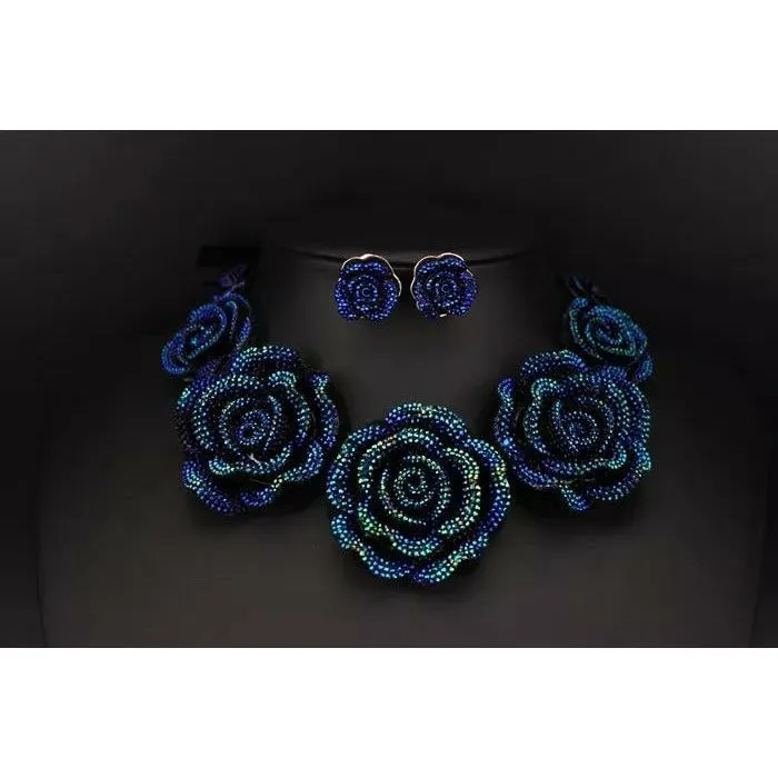 Nikko Blue Rose Statement Choker Necklace with Earrings