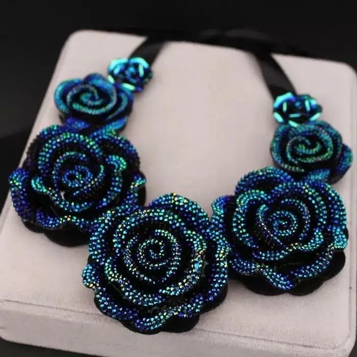 Nikko Blue Rose Statement Choker Necklace with Earrings