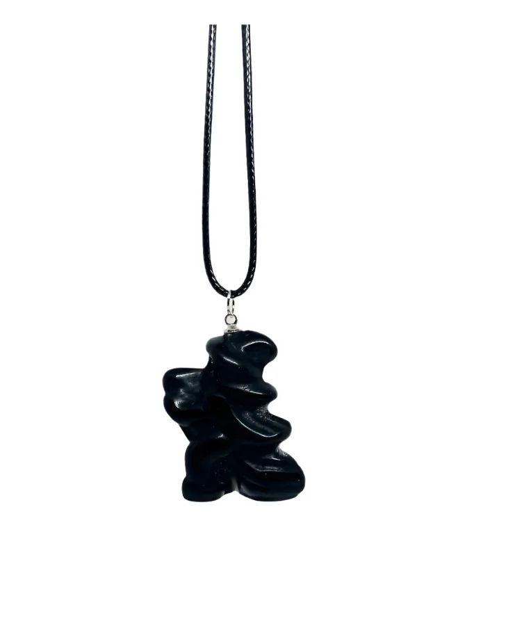 Obsidian Crystal Witch on Broom Pendant Necklace