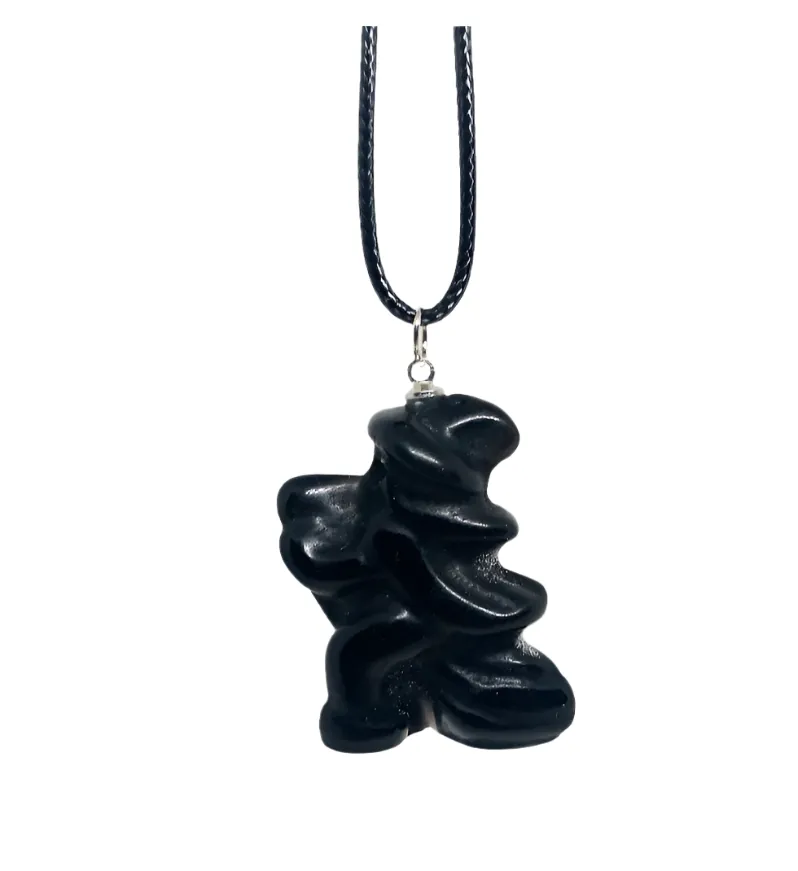 Obsidian Crystal Witch on Broom Pendant Necklace