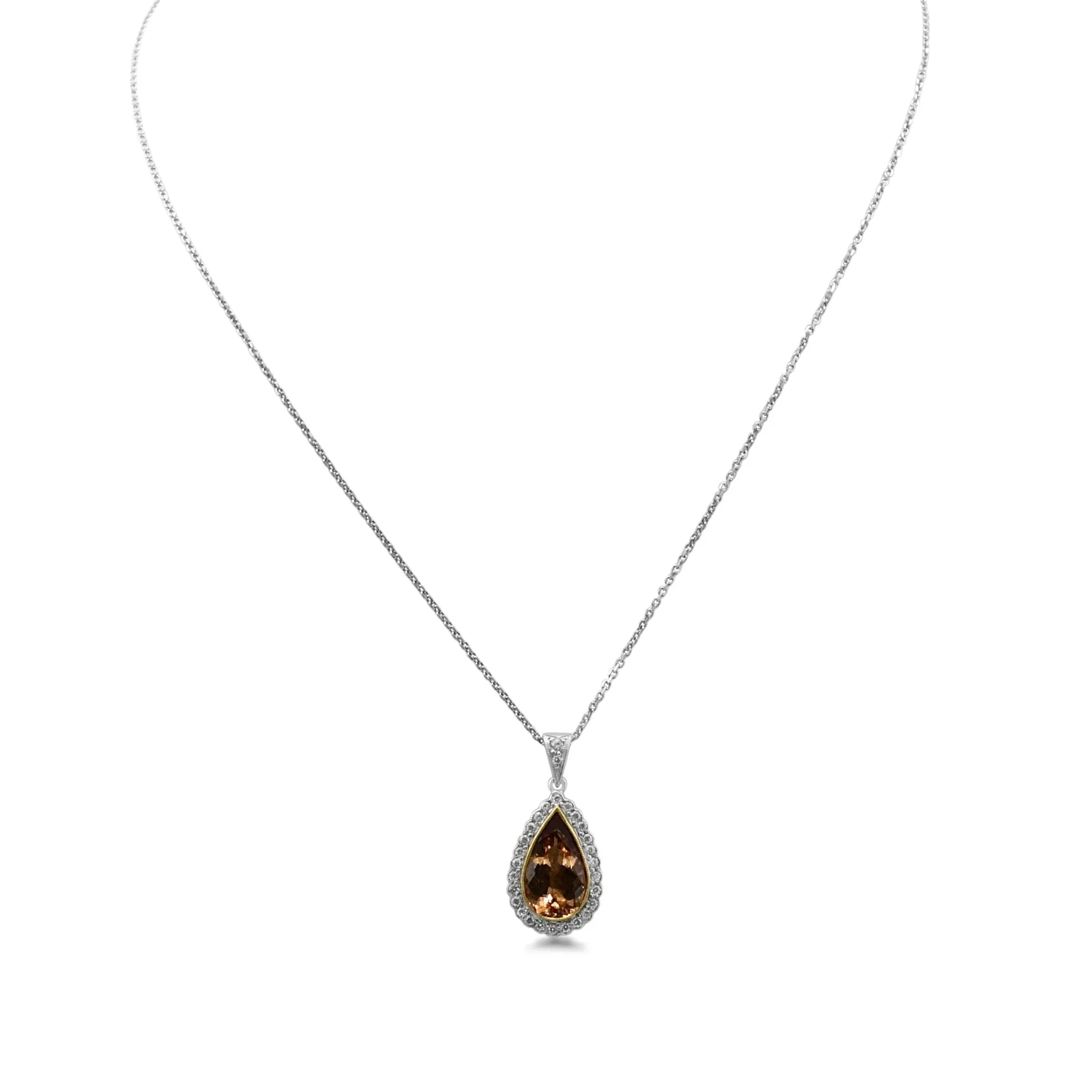 Orange Topaz & Diamond Two Colour Pendant Necklace - 18ct Gold