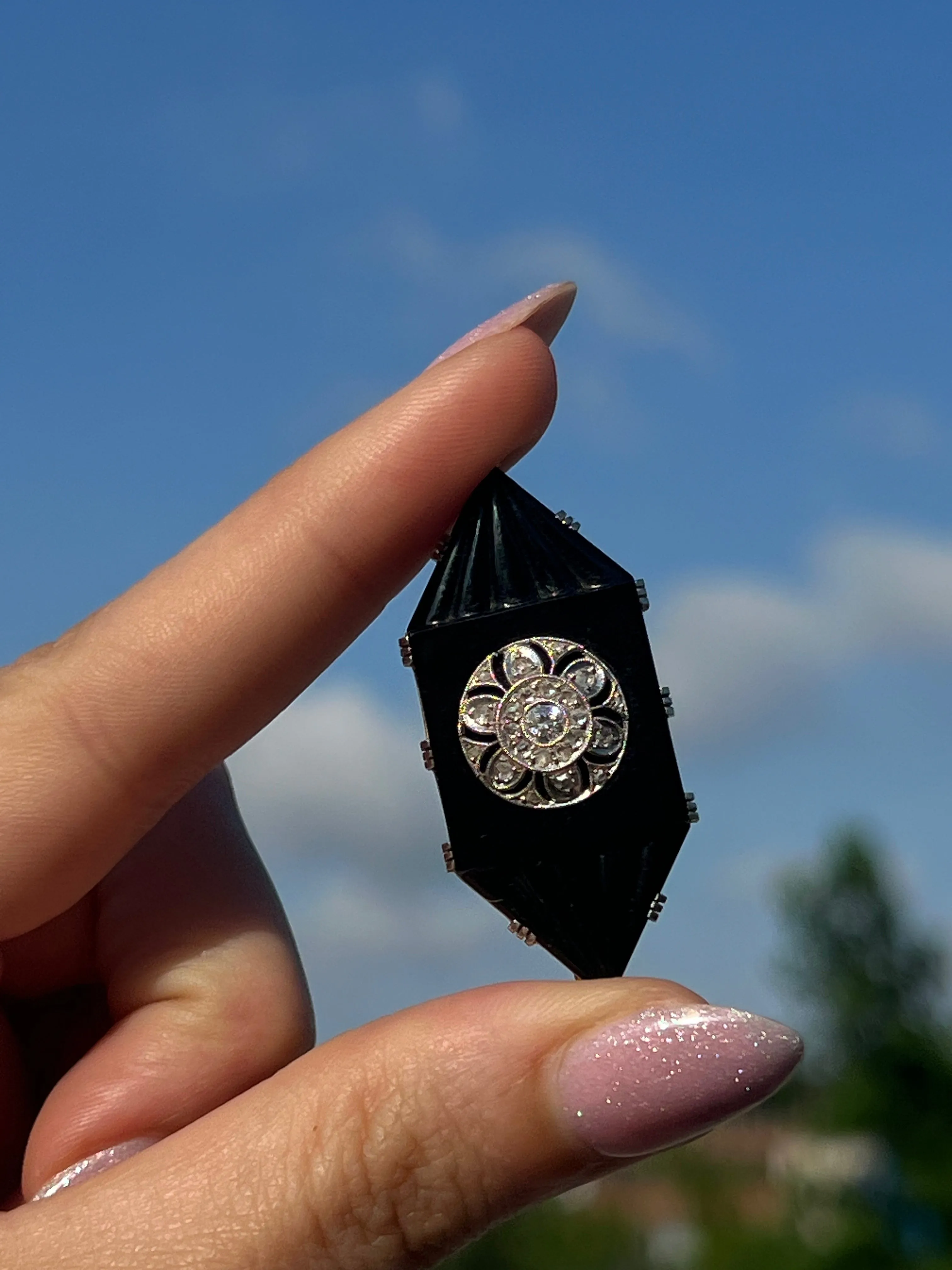 Outstanding Art Deco Onyx And Diamond Brooch