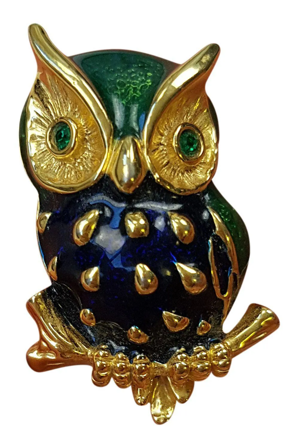 OWL BROOCH Gold Plated Enamelled Green Gem In Lay Eyes