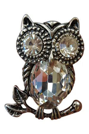 OWL BROOCH Silver Base Clear Gem Eyes and Body (S)