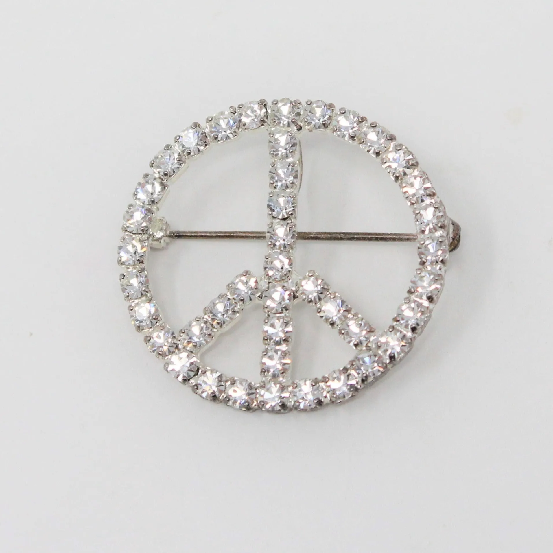 Pendant / Brooch, Peace Sign, White Rhinestones on Silver Tone Metal