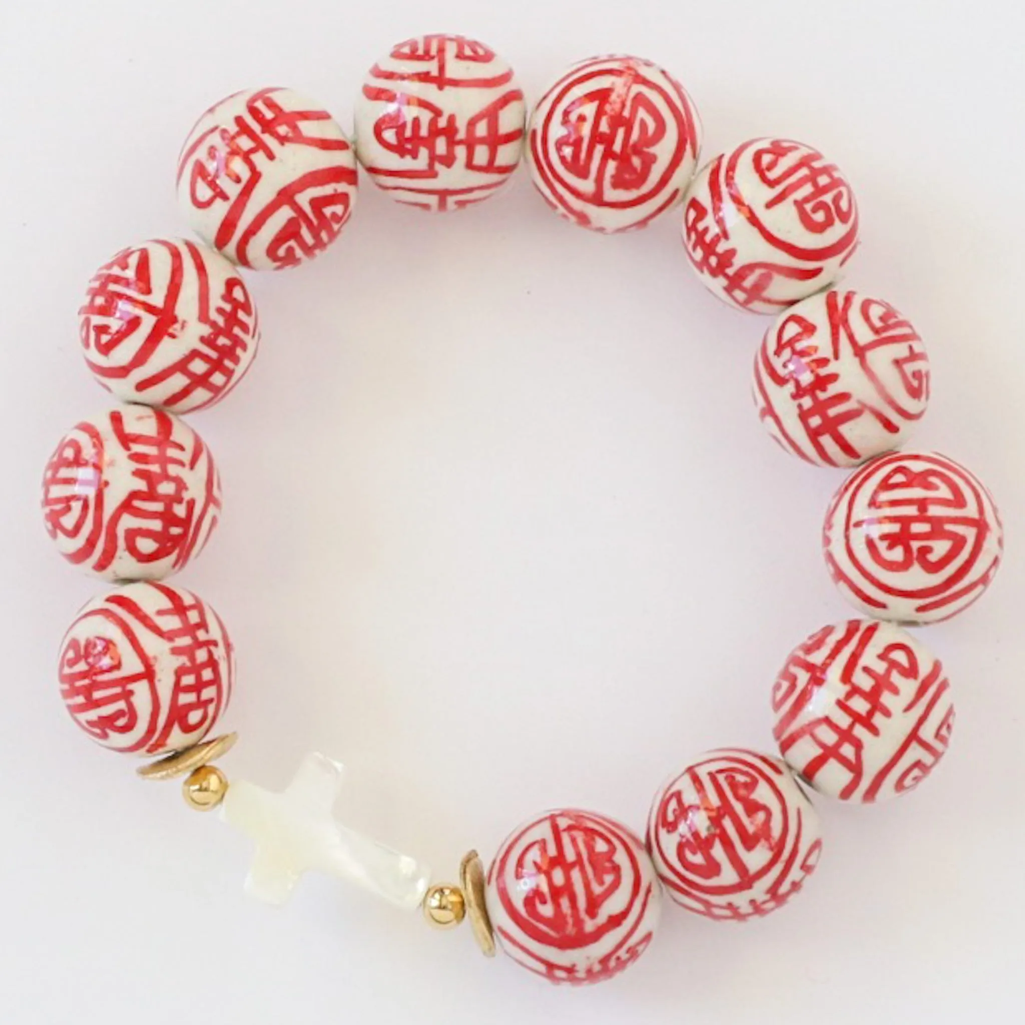 Pink & White Chinoiserie Porcelain Bead and Mother of Pearl Cross Bracelet