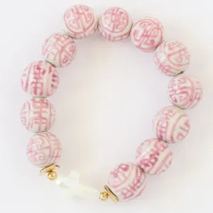 Pink & White Chinoiserie Porcelain Bead and Mother of Pearl Cross Bracelet